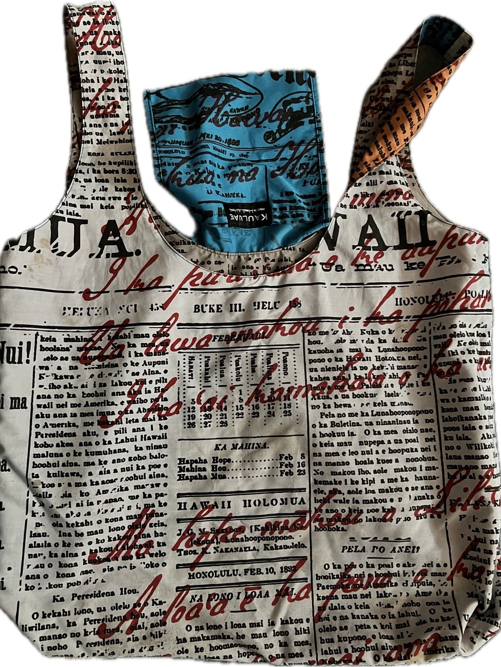 Kauluae Reversible Nupepa Print Tote Bag - Blue pocket attached
